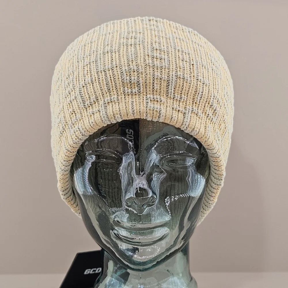 GCDS Hat Beanie Off White Wool Blend Monogram Knit Outdoor Fall Winter